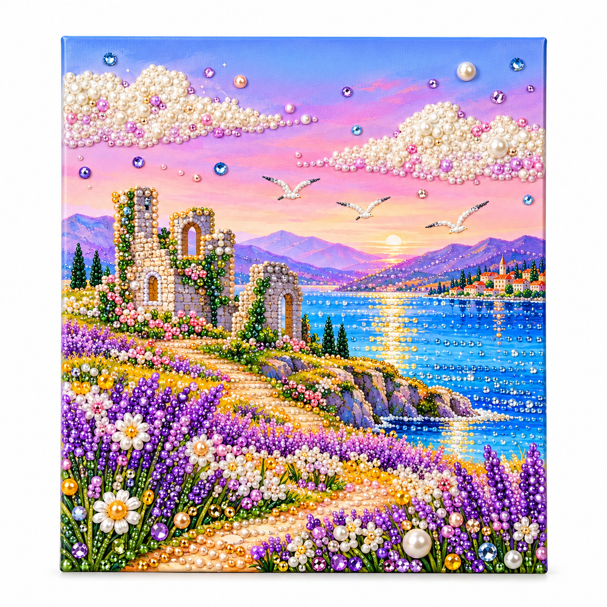 نشاط تزيين كانفاس بالأحجار اللامعة 30 × 40 سم - أطلال بجوار البحيرة - نموذج التصميم بعد التزيين