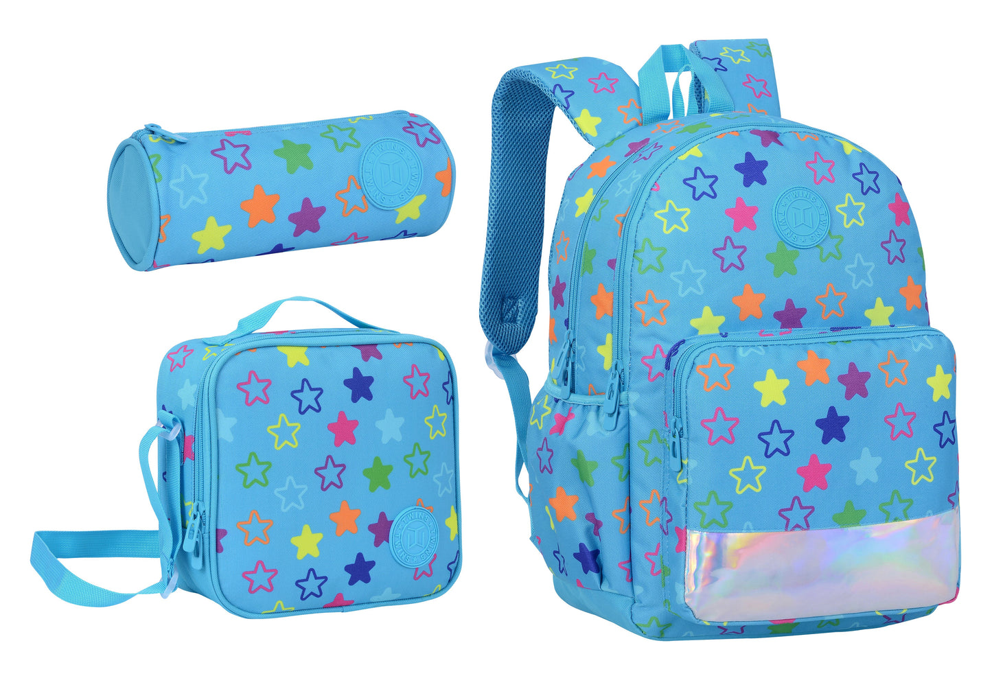 17INCH BACKPACK+LUNCH BAG+PENCIL CASE STARS LIGHT BLUE TWINS || شنطة ظهر طبي 17 انش نجوم 3 قطع TWINS
