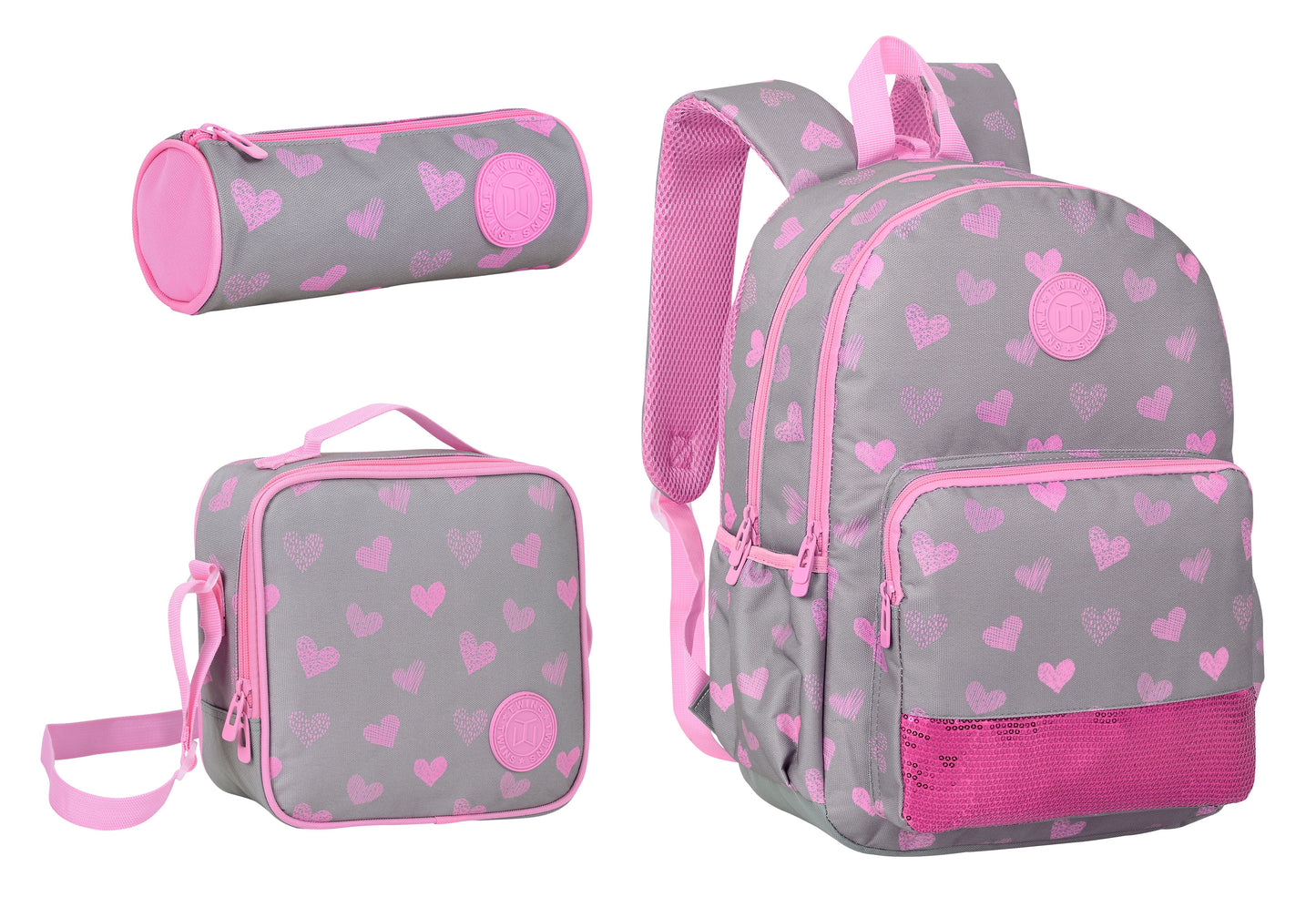 17INCH BACKPACK+LUNCH BAG+PENCIL CASE HEARTS GRAY TWINS || شنطة ظهر طبي 17 انش قلوب 3 قطع TWINS