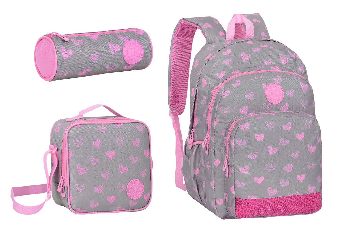 18INCH BACKPACK+LUNCH BAG+PENCIL CASE HEARTS GRAY TWINS || شنطة ظهر طبي 18 انش قلوب 3 قطع TWINS