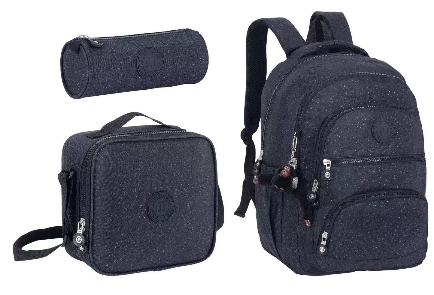 Twins Back To School Glitter Set 3 Pcs Backpack + Lunch bag + Pencil Pouch Black || مجموعة العودة للمدرسةزري 3 قطع جنطة ظهر و جنطة اكل و مقلمة أسود