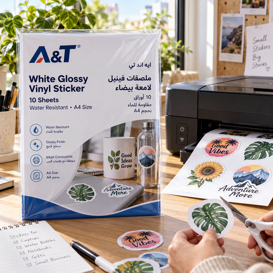 A&T White Glossy Vinyl Sticker 10 Sheets Water Resistant A4 Size || ورق لاصق ابيض ستيكر مقاوم للماء حجم اي فور 10 ورقه