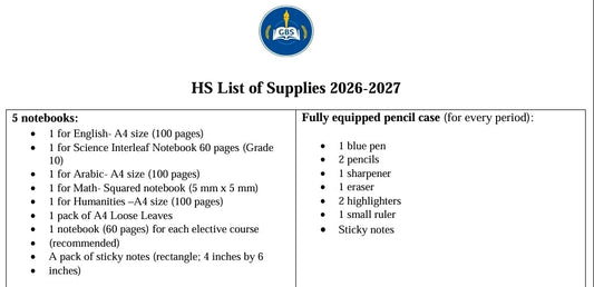 Al Ghanim Bilingual School Stationery Supply List HS No Calculator