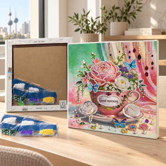 DIY Rhinestone Canvas Activity 30 x 30 cm - Flowers in Teacup || نشاط تزيين كانفاس بالأحجار اللامعة 30 × 30 سم - زهور في فنجان
