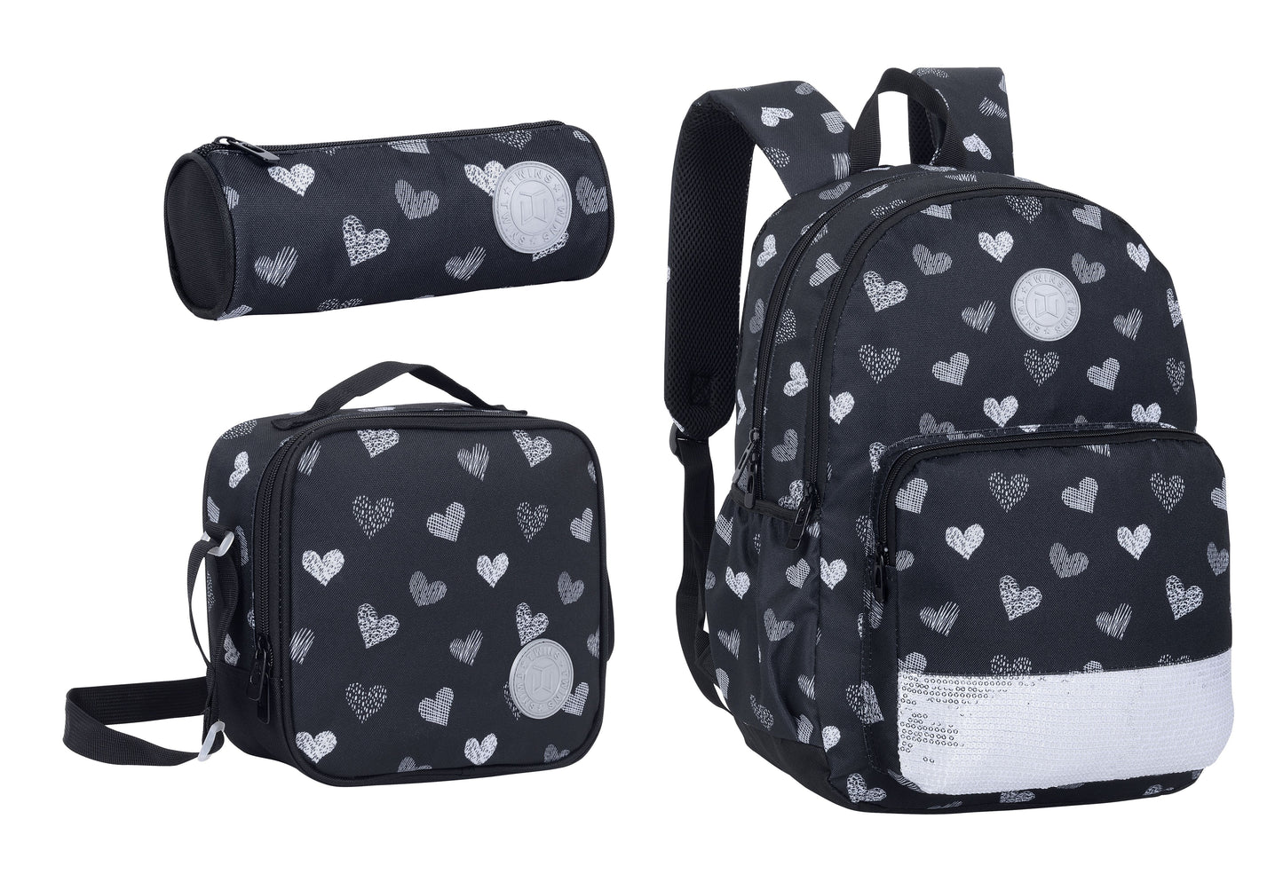 17INCH BACKPACK+LUNCH BAG+PENCIL CASE HEARTS BLACK TWINS || شنطة ظهر طبي 17 انش قلوب 3 قطع TWINS