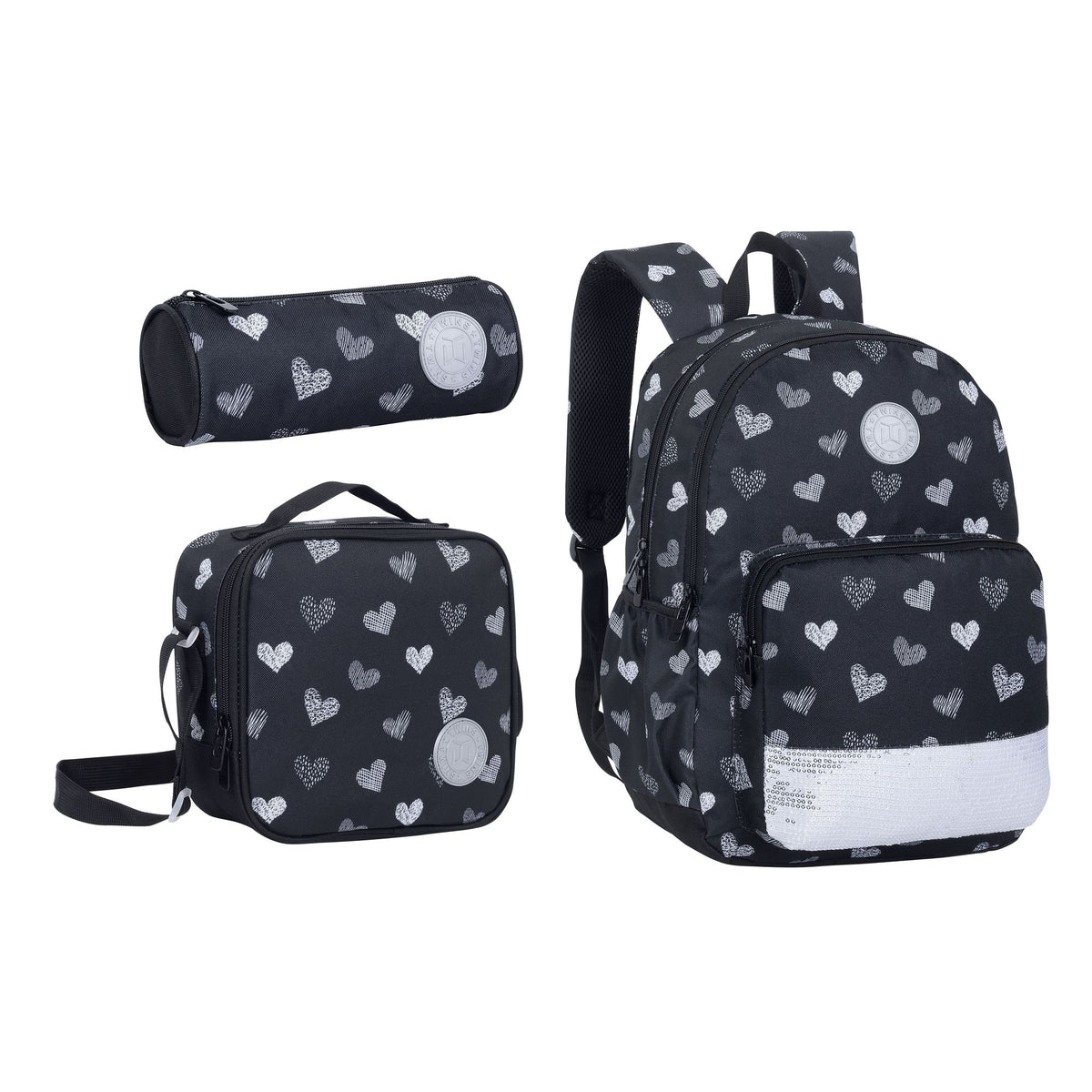 17INCH BACKPACK+LUNCH BAG+PENCIL CASE HEARTS BLACK TWINS || شنطة ظهر طبي 17 انش قلوب 3 قطع TWINS