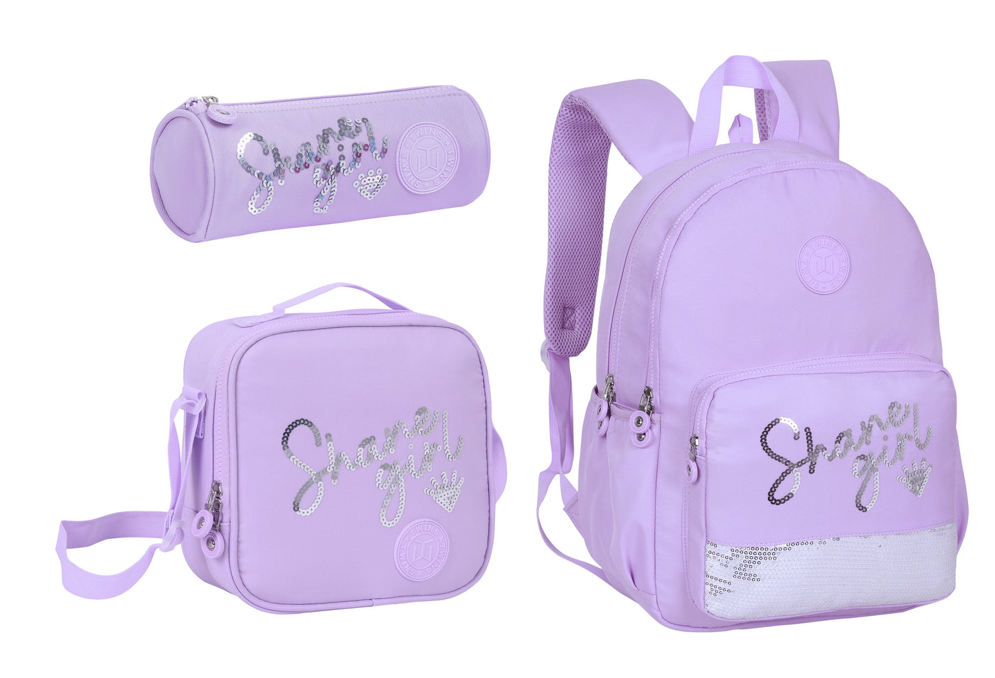 17INCH BACKPACK+LUNCH BAG+PENCIL CASE WRITTING PINK TWINS || شنطة ظهر طبي 17 انش عبارات 3 قطع TWINS