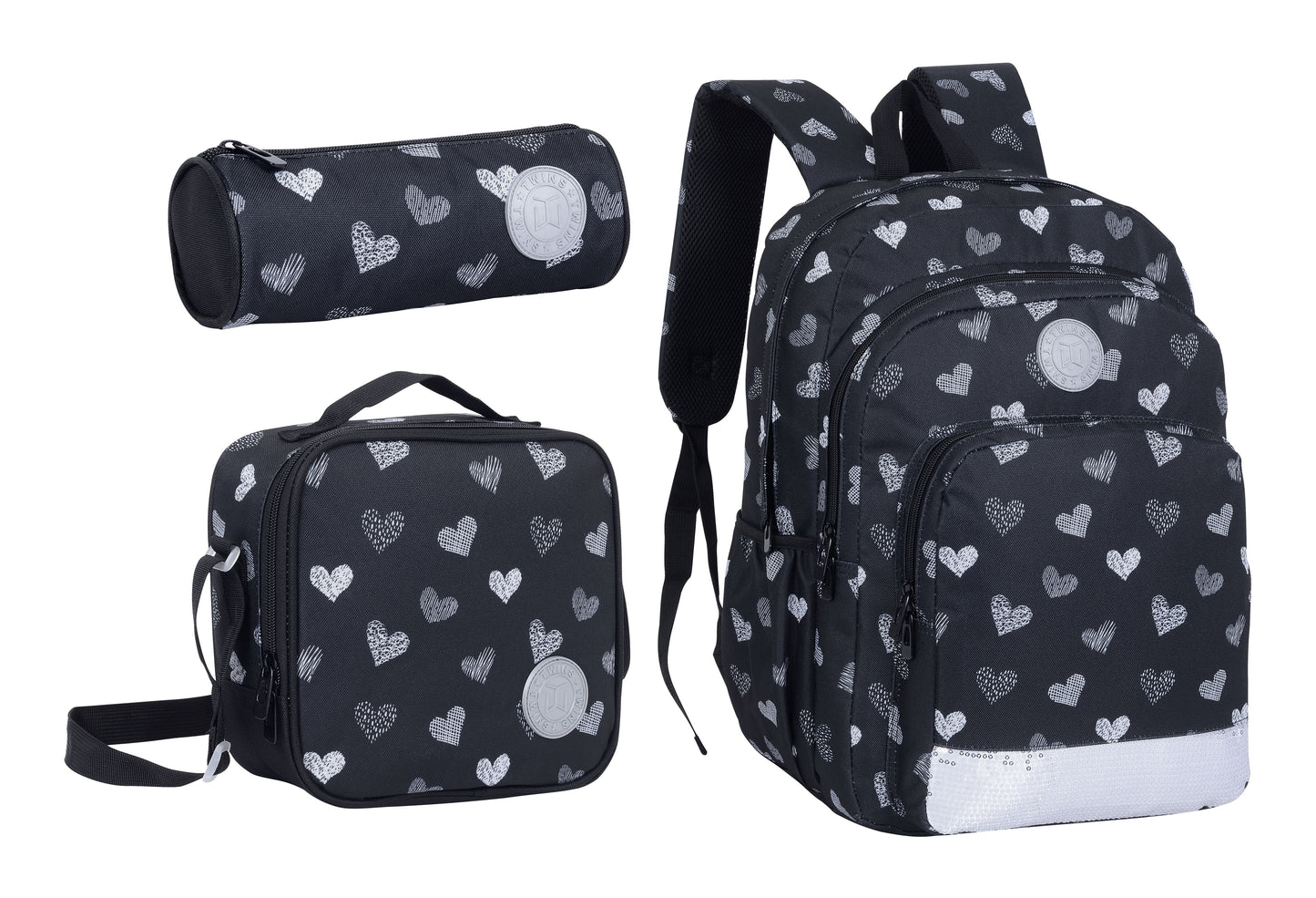 18INCH BACKPACK+LUNCH BAG+PENCIL CASE HEARTS BLACK TWINS || شنطة ظهر طبي 18 انش قلوب 3 قطع TWINS