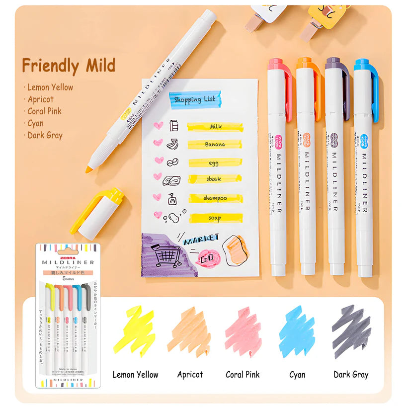 Zebra Mildliner Highlighter Set of 5 Friendly Mild Colors || زيبرا مجموعة أقلام تحديد فوسفوري ميلد لاينر 5 ألوان هادئة