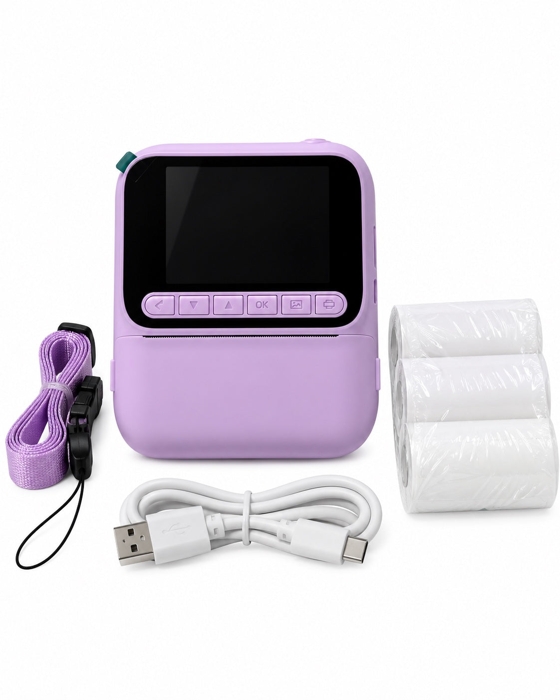 Colored Picture Camera Purple with matching strap, USB cable and paper rolls