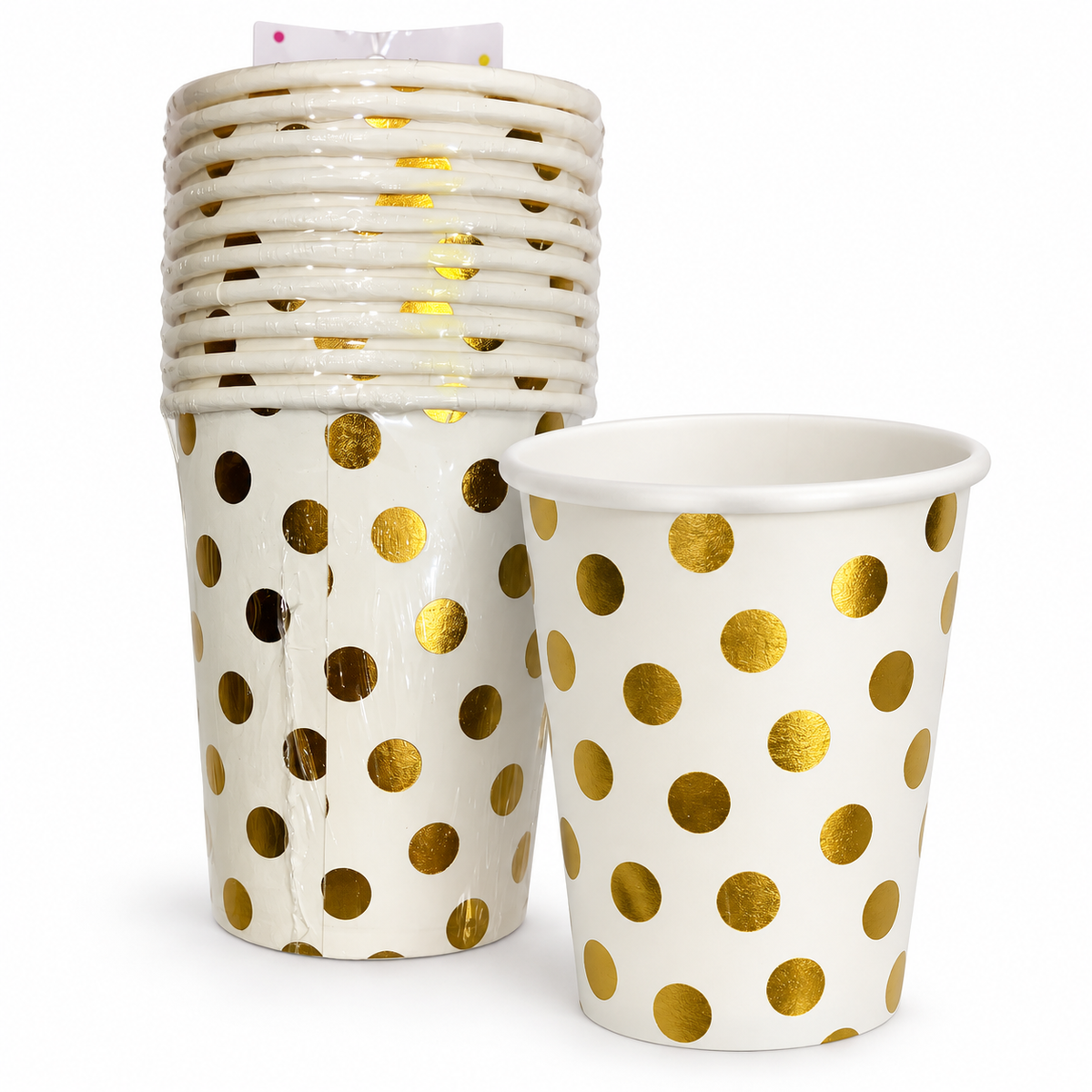 White with Gold Dots Paper Party Cups || أكواب ورقية للحفلات أبيض بنقاط ذهبية
