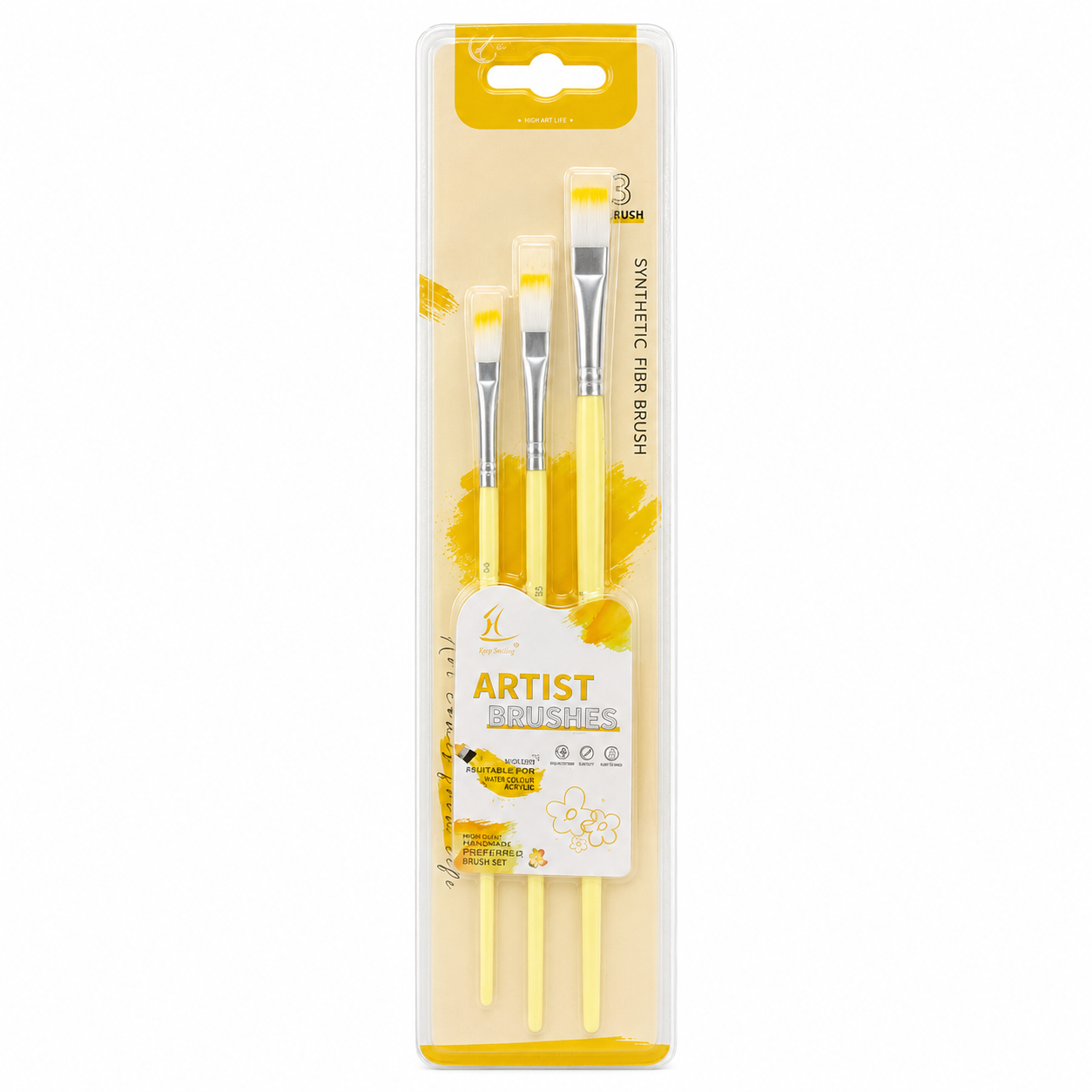 Flat Painting Brush Pack 3 Pcs Yellow || مجموعة فرش رسم مشطوف 3 حبة أصفر