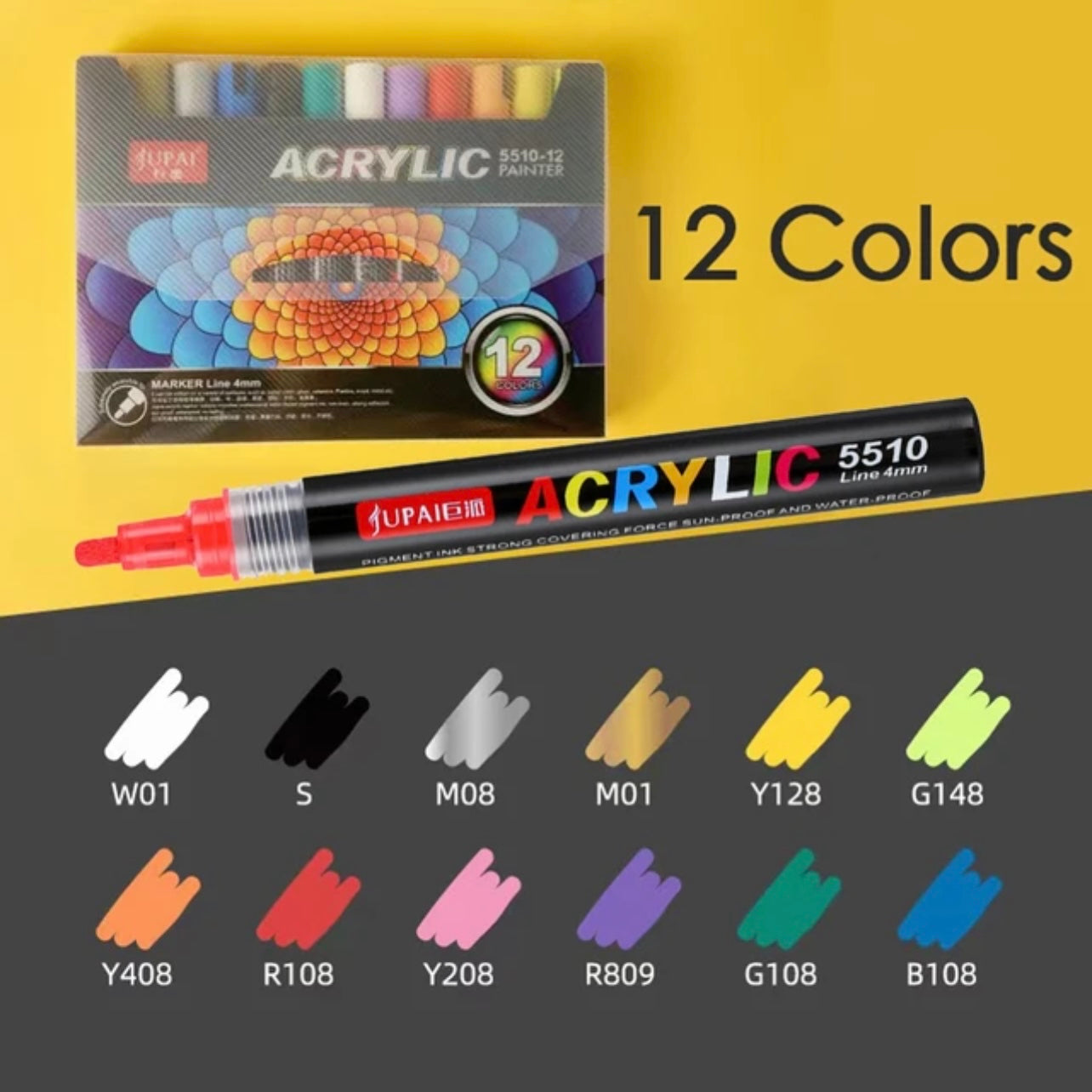 Jubai Acrylic Marker Line 4mm 12 color || اقلام اكريلك ماركر 4مم 12 لون