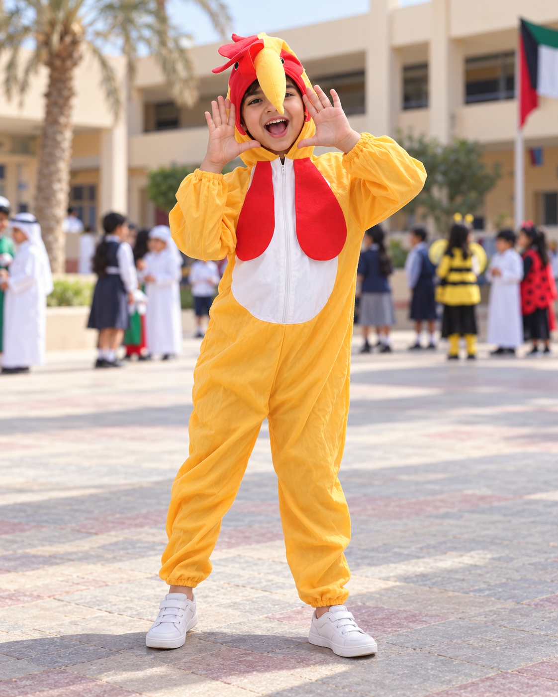 Yellow Rooster Hooded Costume – Size L (120–130 cm) || زي ديك أصفر بغطاء رأس – مقاس L (120–130 سم)