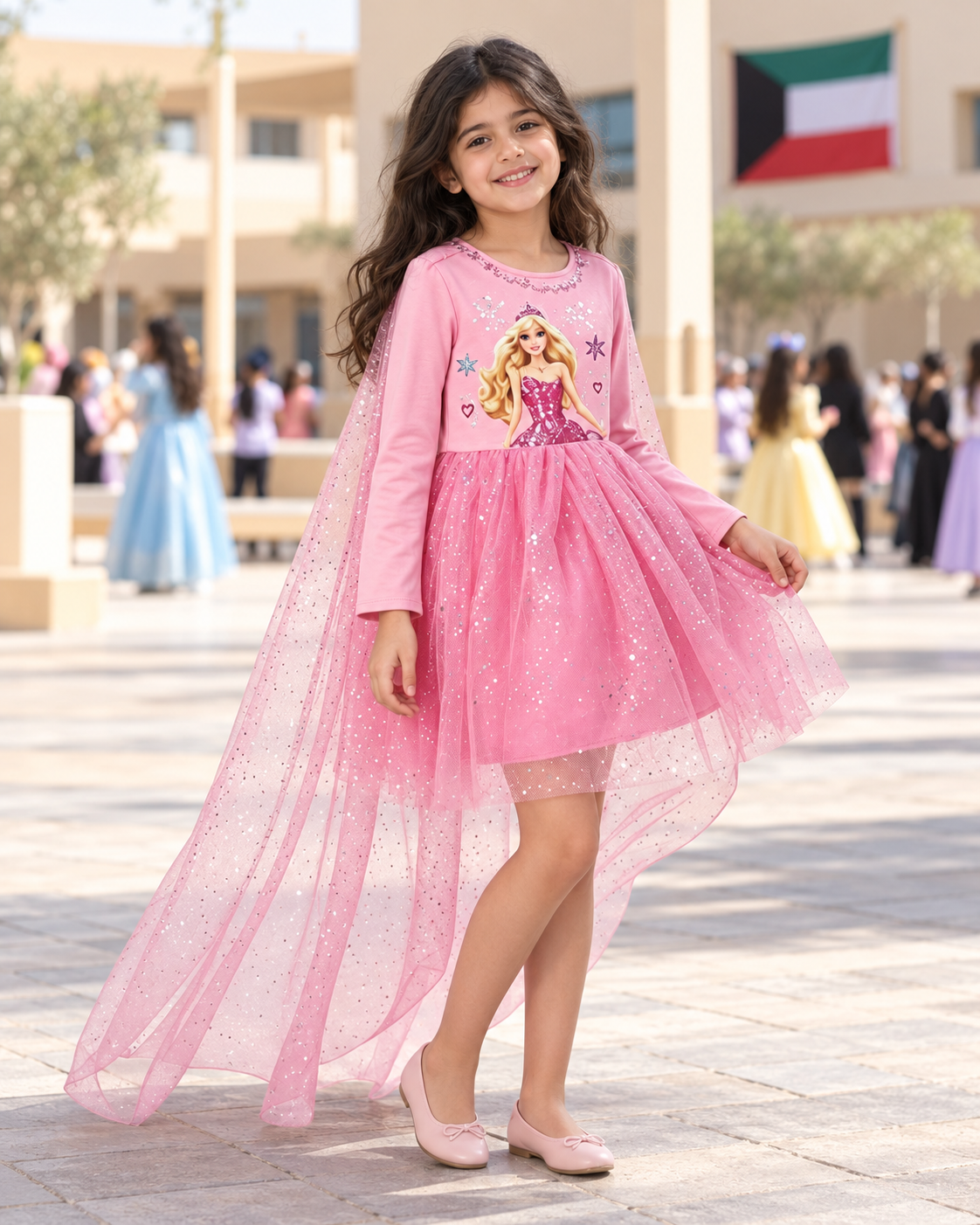 Pink Princess Print Costume Dress with Cape – Size L (120–130 cm) || فستان تنكري وردي بطبعة أميرة وكاب – مقاس L (120–130 سم)