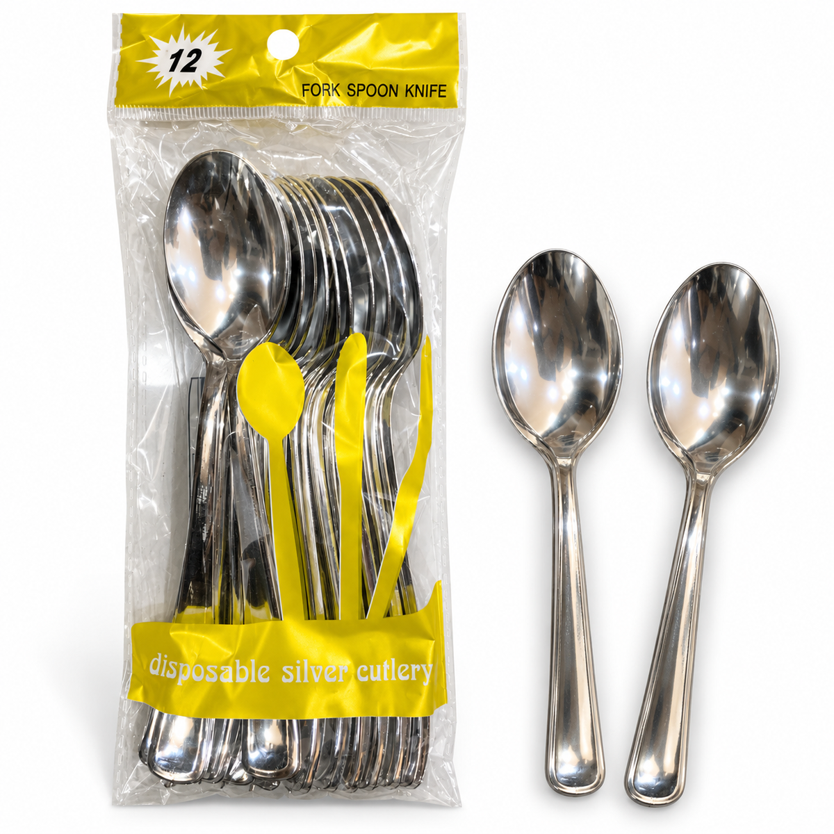 Silver Plastic Spoons 12 Pcs || ملاعق بلاستيك فضية 12 قطعة