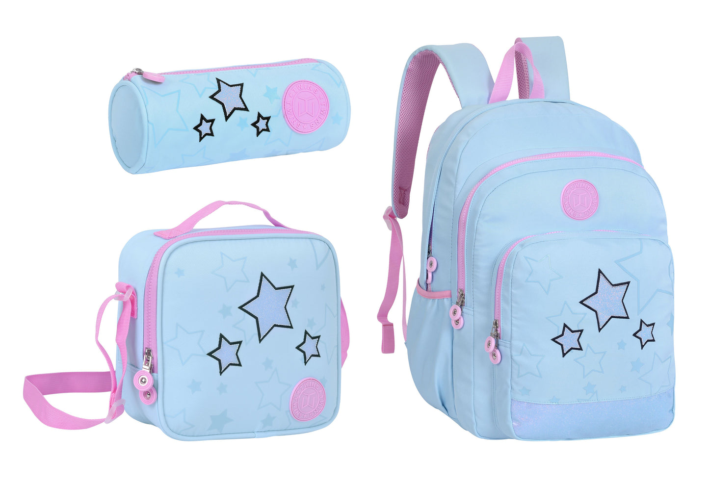18INCH BACKPACK+LUNCH BAG+PENCIL CASE LIGHT BLUE TWINS || شنطة ظهر طبي 18 انش الوان فواتح 3 قطع TWINS