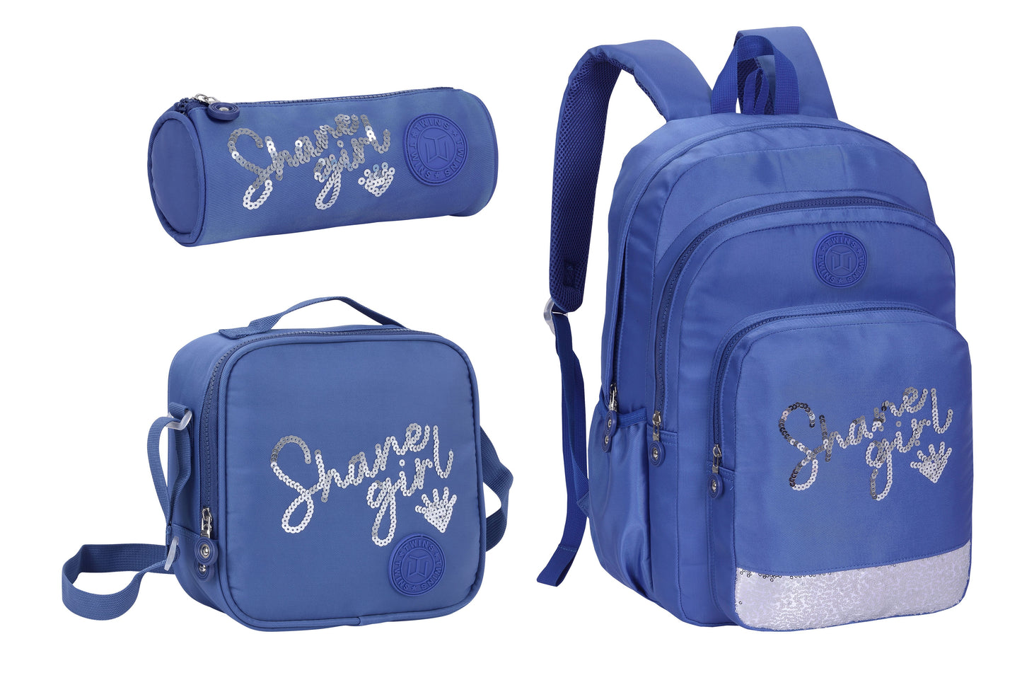 18INCH BACKPACK+LUNCH BAG+PENCIL CASE WRITTING DARK BLUE TWINS || شنطة ظهر طبي 18 انش عبارات 3 قطع TWINS