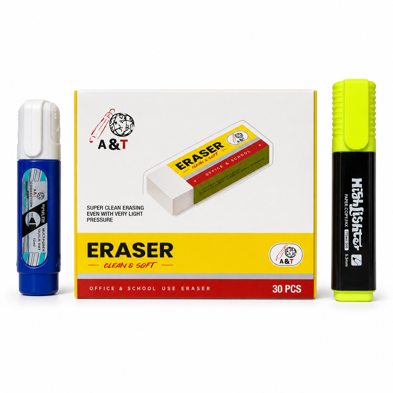 A&T Offer Eraser Pack 20 Pcs + Highlighter + Corrector || مجموعة قرطاسية اطلس باكيت محايات 20 حبة و فسفوري و كوريكتور
