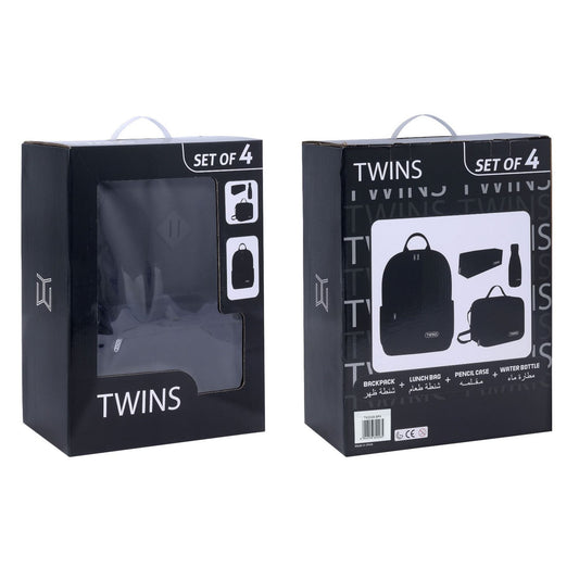 Twins Back To School Set 4 Pcs Backpack + Lunch bag + Pencil Case + Stainless Steel Water Bottle Black || مجموعة العودة للمدرسة 4 قطع جنطة ظهر و جنطة اكل و مقلمه و مطارة ماء ستيل اسود