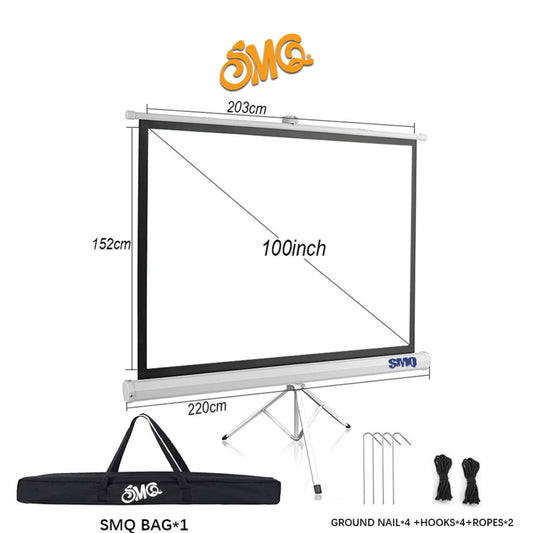 SMQ Projector Screen Tripod (100 Inch) 220 CM * 152 CM + Portable Bag || إس إم كيو شاشة عرض بروجكتور مع ستاند وحقيبة للتنقل والتخزين وحبال وخطاف للتثبيت بلأرض- 100 بوصة