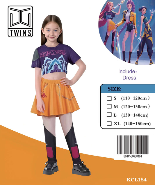 K-Pop Stage Costume with Purple Graphic Top and Orange Skirt || زي نجمة كي بوب بقميص بنفسجي مطبوع وتنورة برتقالية — supplier reference
