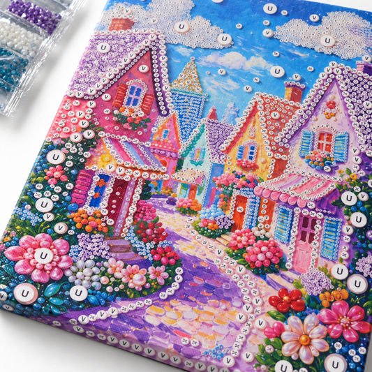 DIY Rhinestone Canvas Activity 30 x 40 cm - Colourful Village || تزيين كانفاس بالكريستال 30 × 40 سم - قرية ملونة