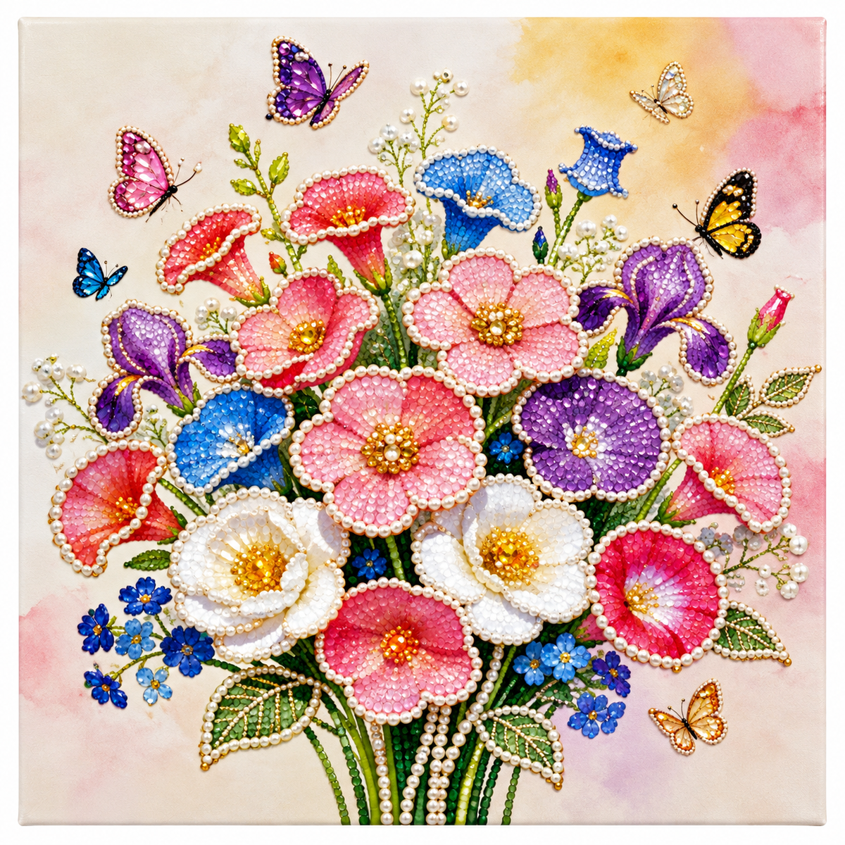 DIY Rhinestone Canvas Activity 30 x 30 cm - Flower Bouquet || نشاط تزيين كانفاس بالأحجار اللامعة 30 × 30 سم - باقة زهور - Completed design example