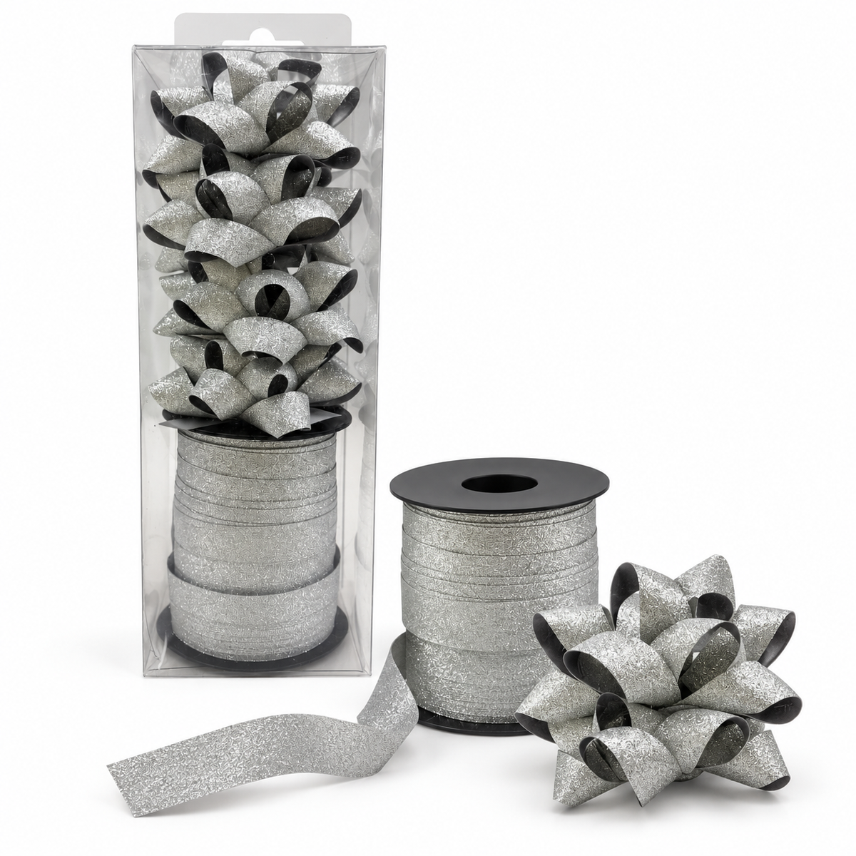 Silver Glitter Ribbon and Bow Pack || شريط ريبون و زهرية زري لون فضي