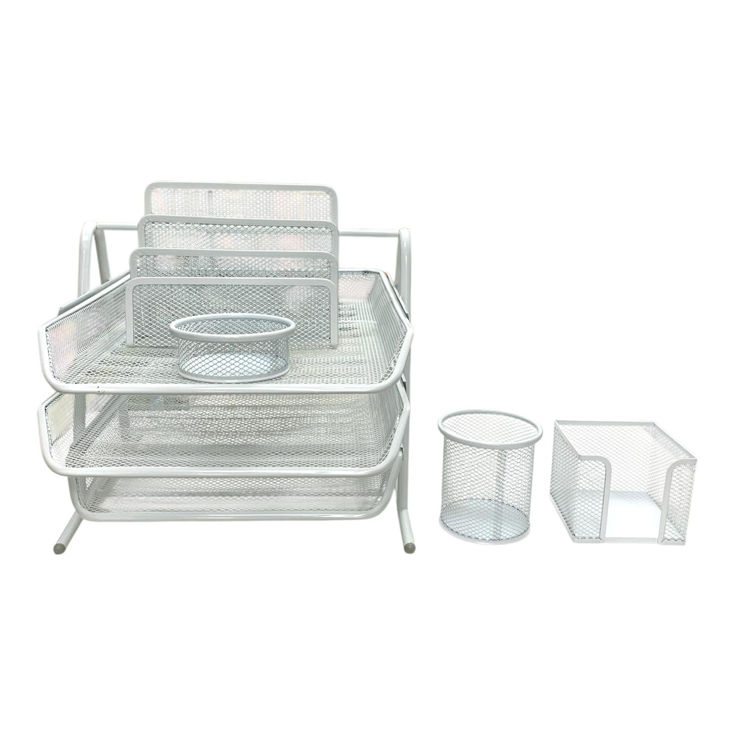 White Mesh Desk Organizer Set 5 Piece Office & School Supply Holder || طقم مكتب ملون حديد شبك ٥ قطعة لون ابيض