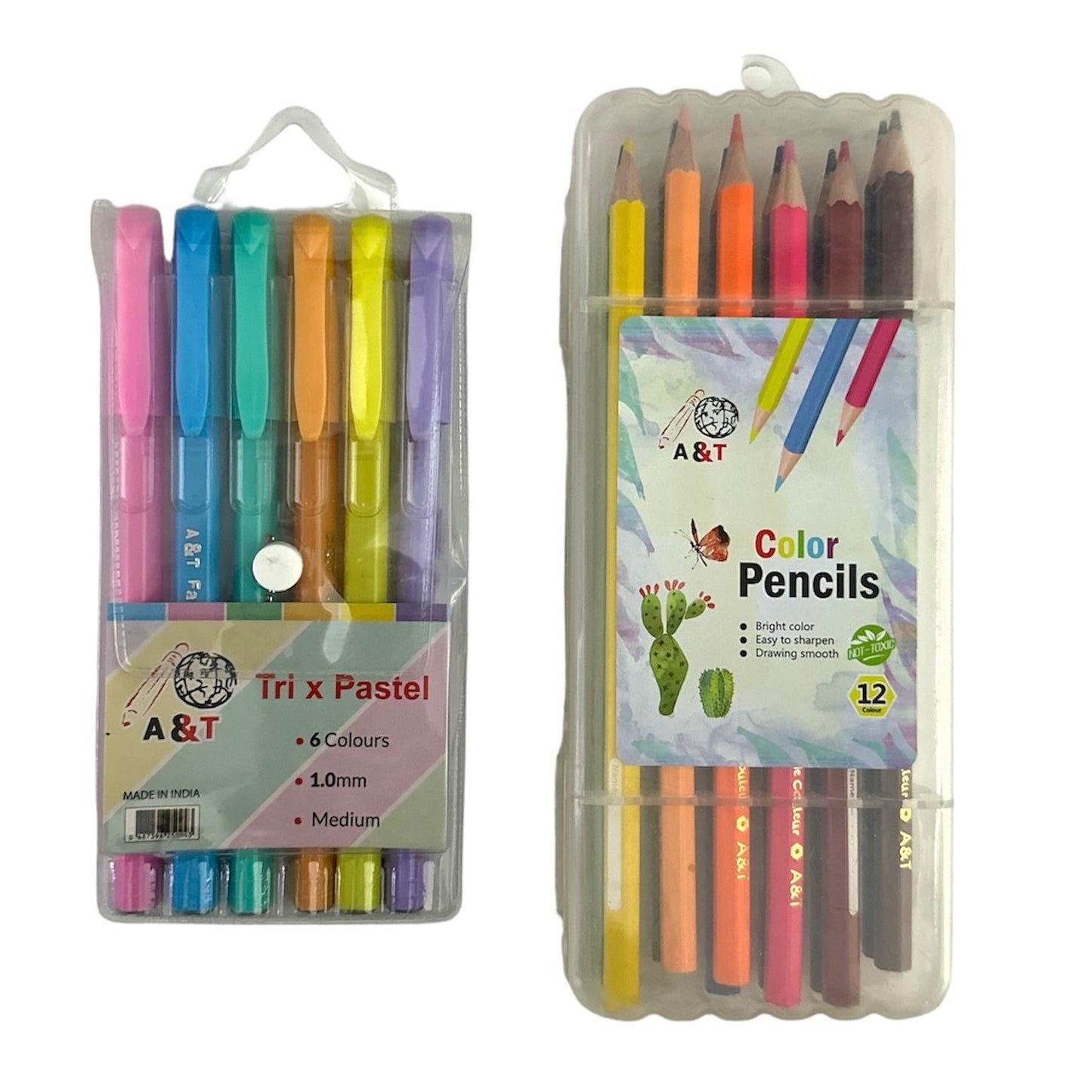 A&T Offer Colored Pencils 12 Colors and 6 Pastel Pens || باكيج اي اند تي الوان خشبية ١٢ لون و اقلام حبر باستيل ٦ لون
