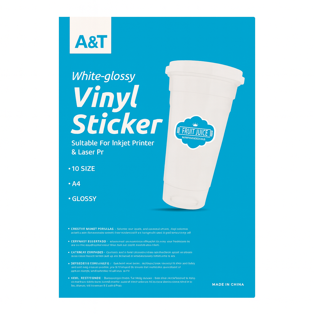 A&T White Glossy Vinyl Sticker 10 Sheets Water Resistant A4 Size || ورق لاصق ابيض ستيكر مقاوم للماء حجم اي فور 10 ورقه