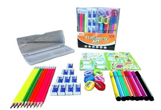 Stationery Set in Flat Box with Clear Pencil Case || طقم قرطاسية علبة مسطحة مع مقلمة شفافة