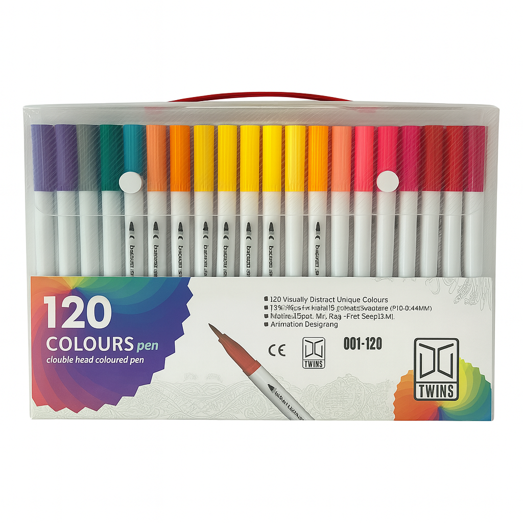 A&T Twins Pen Dual Tip Brush Markers 120 Vibrant Colours for Art & Design || الوان اي اند تي توينز راسين شيني و ضعيف 120 لون