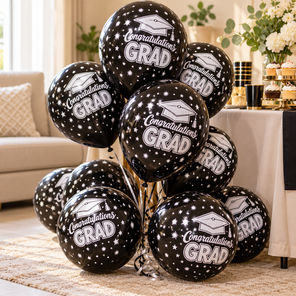 Balloons Graduation Printed || بالونات تخرج مطبوعة — inflated graduation balloons in a party setting