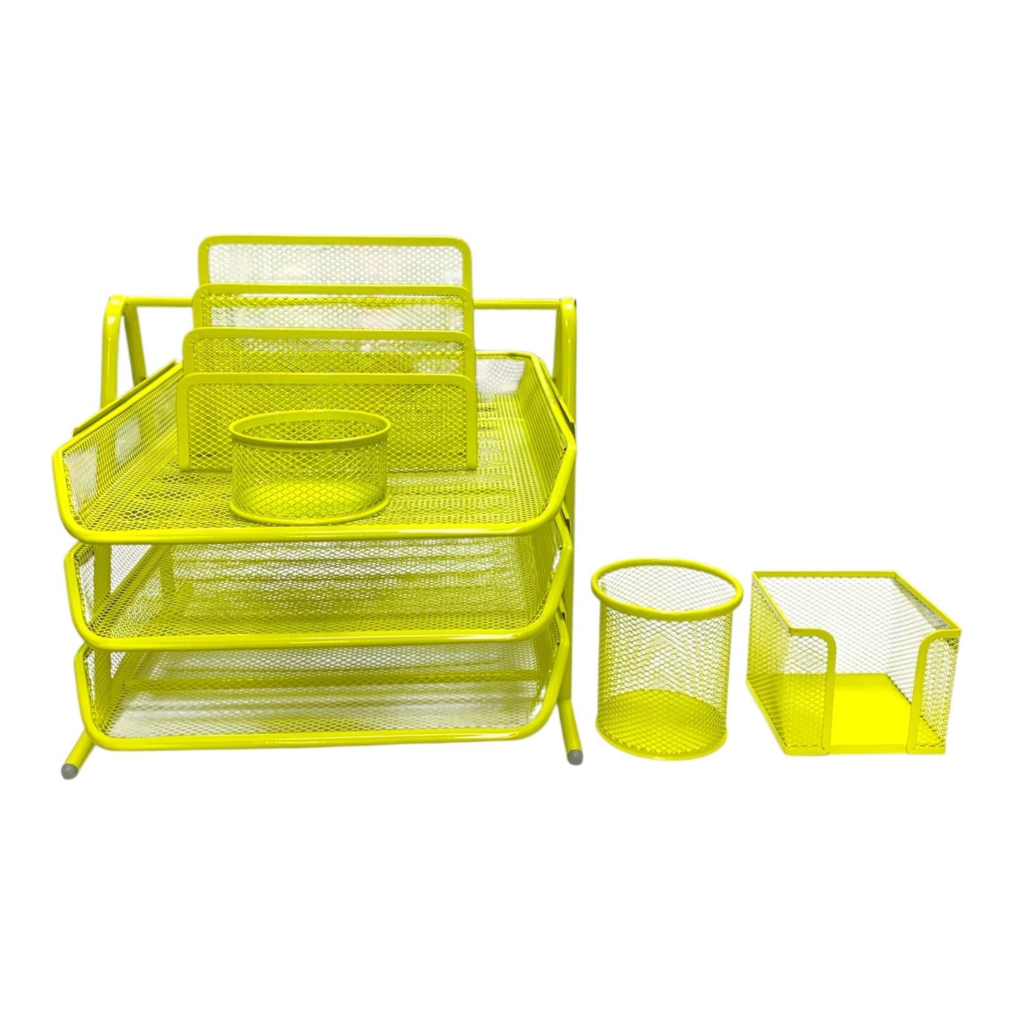 Yellow Mesh Desk Organizer Set 5 Piece Office & School Supply Holder || طقم مكتب ملون حديد شبك ٥ قطعة لون اصفر