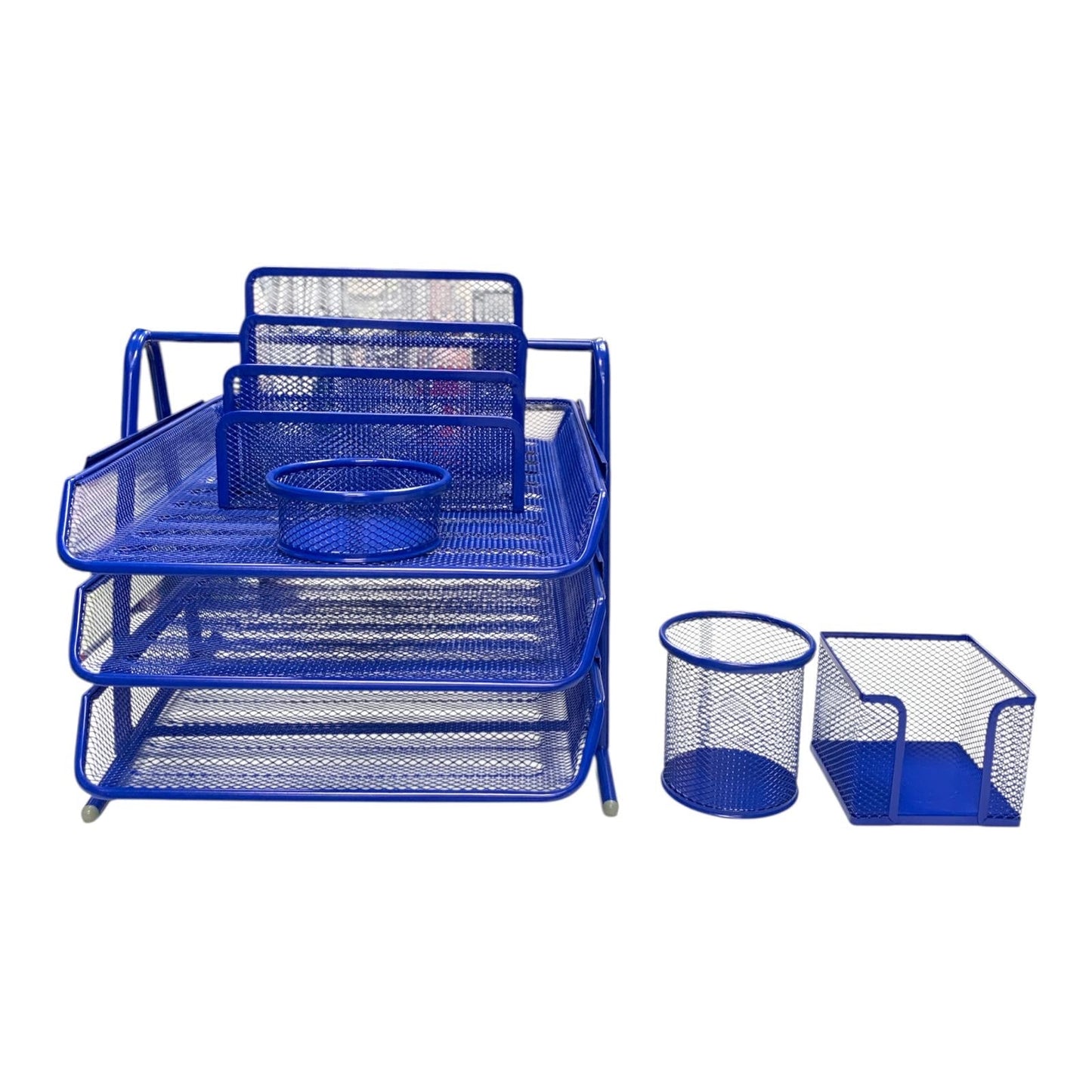 Blue Mesh Desk Organizer Set 5 Piece Office & School Supply Holder || طقم مكتب ملون حديد شبك ٥ قطعة لون ازرق