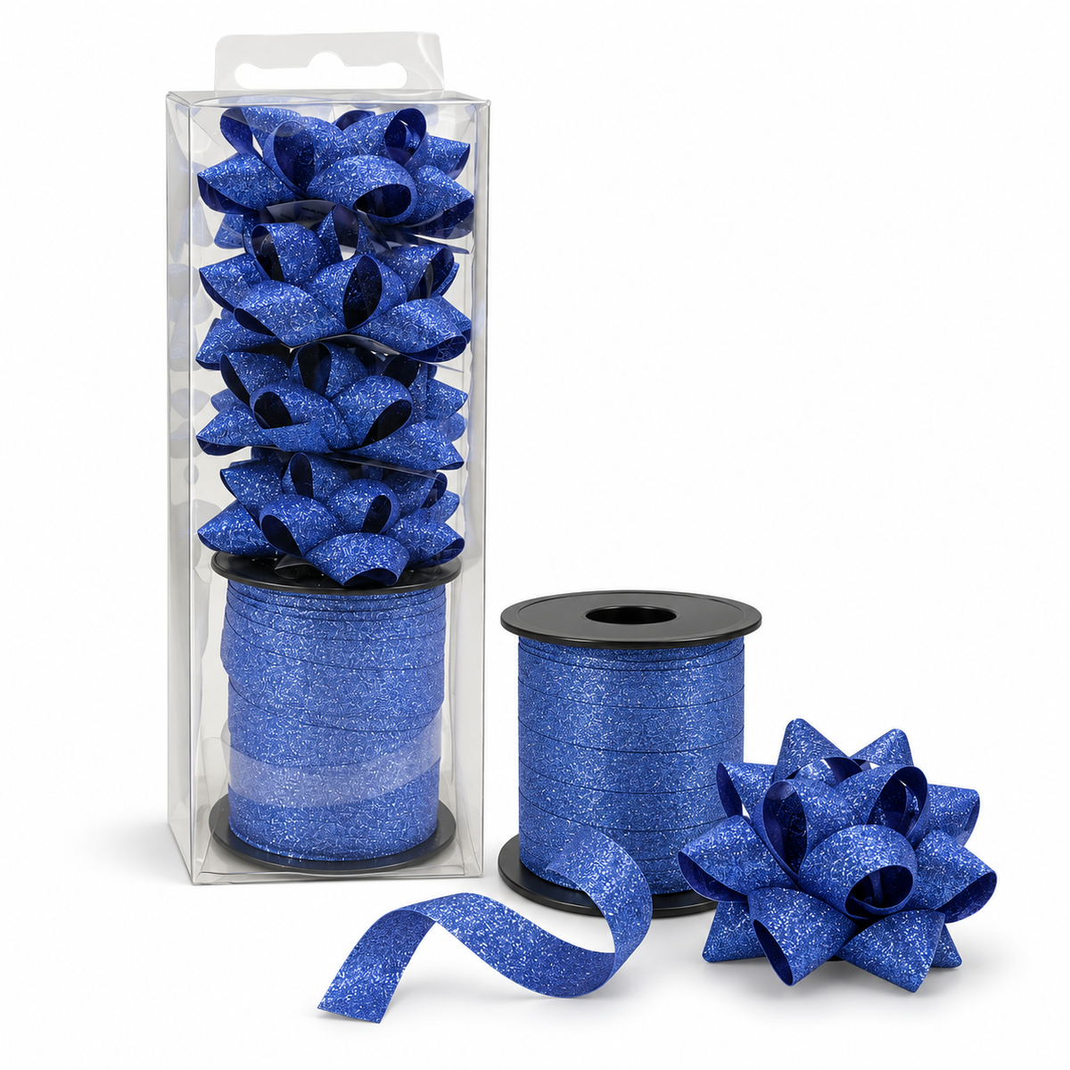 Blue Glitter Ribbon and Bow Pack || شريط ريبون و زهرية زري لون ازرق