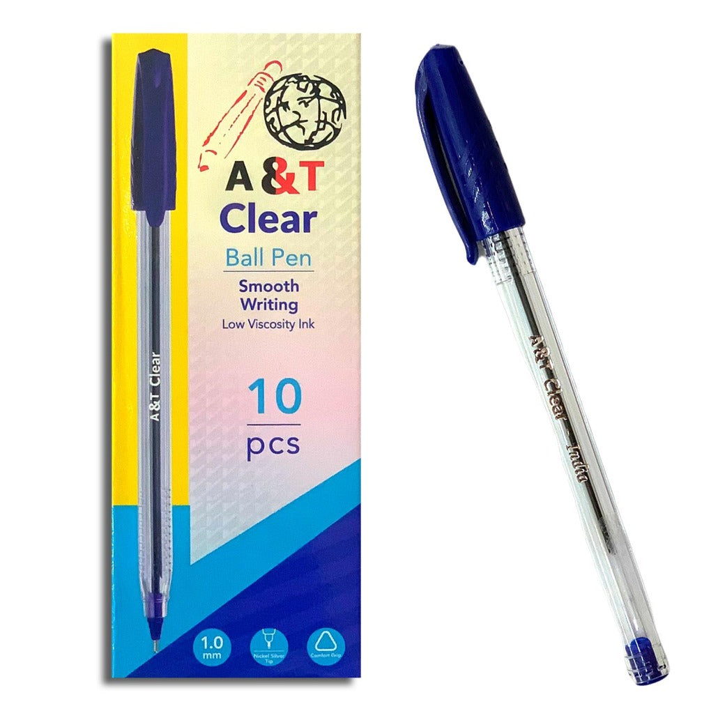 A&T Ball Pen Clear Pack of 10 Blue Pens || علبة اقلام حبر شد ١٠ حبة لون ازرق