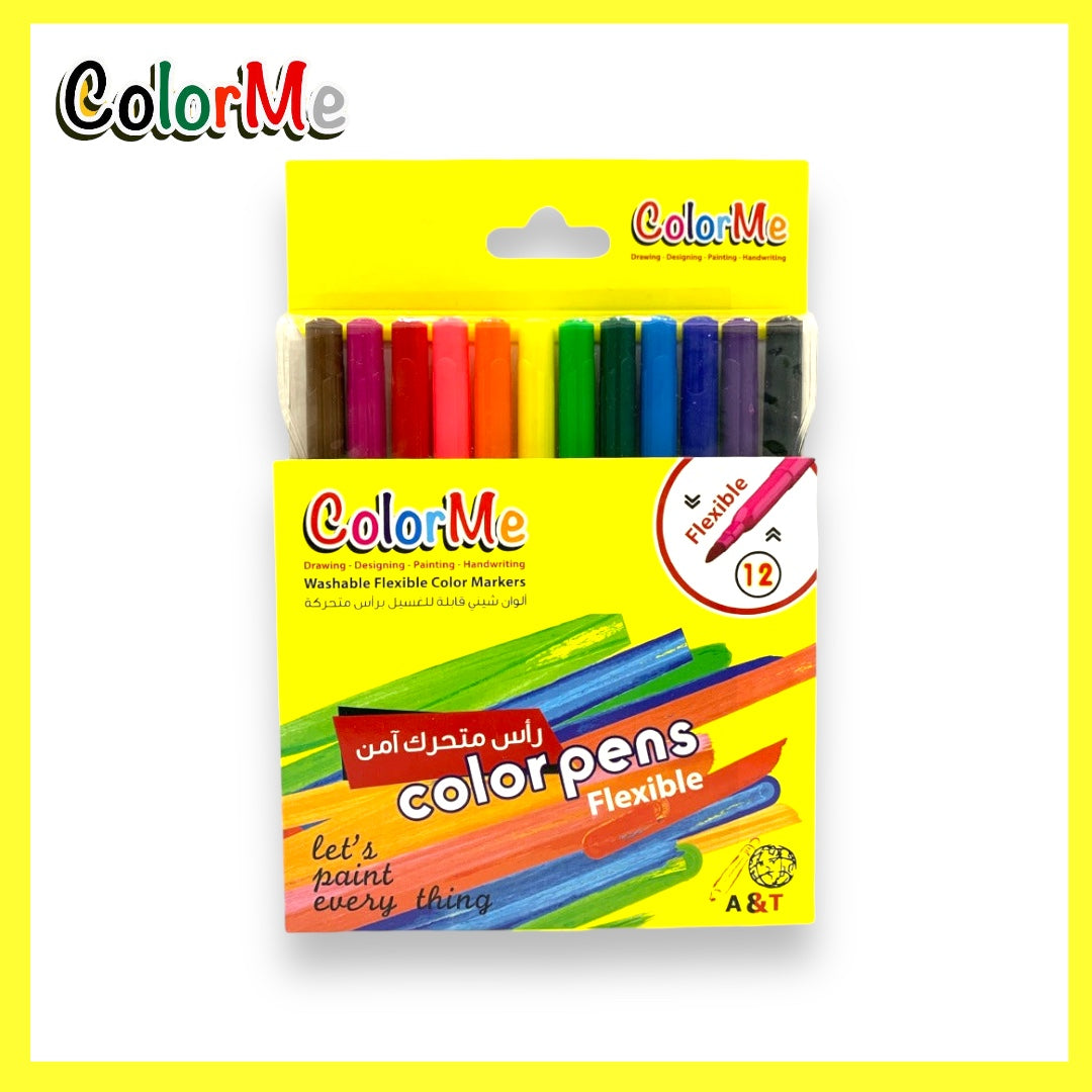 A&T Color Me Flexible Felt-Tip Pens, 12 Colors || أقلام تلوين مرنة برأس لباد A&T كولور مي، 12 لونًا