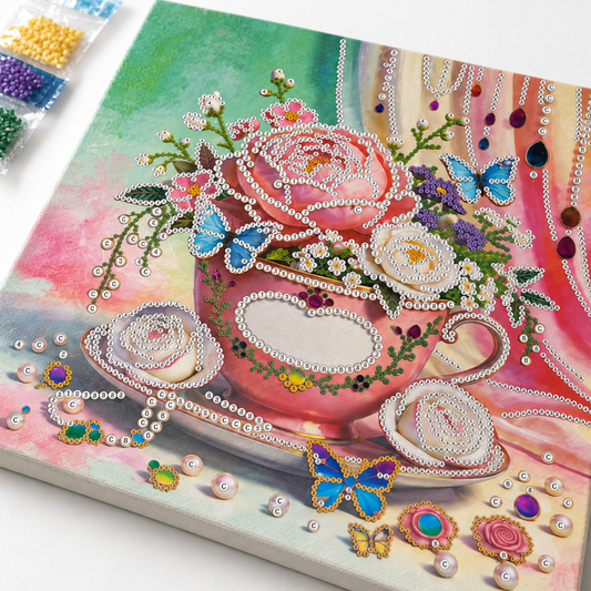 DIY Rhinestone Canvas Activity 30 x 30 cm - Flowers in Teacup || تزيين كانفاس بالكريستال 30 × 30 سم - زهور في فنجان