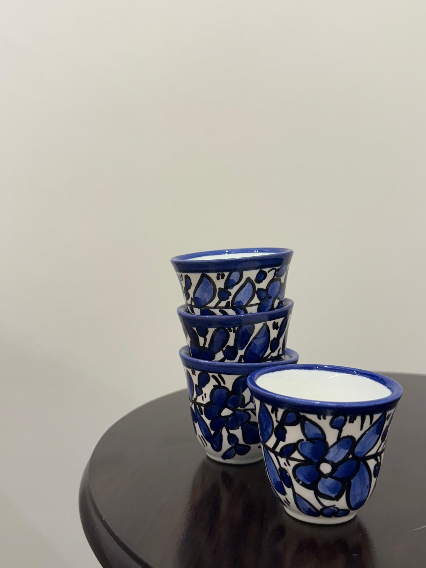 Arabesque Hand Painted Artisinal Finjan Khalil Design 12 Pcs || فناجين الخزف الخليلي المصممه يدويا بنقش ازرق عدد 12 فناجين