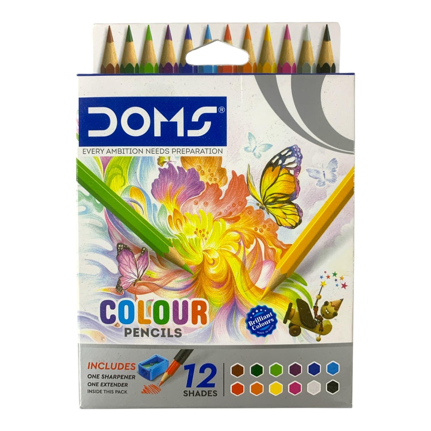 DOMS Colour Pencils 12-Shade Set with Sharpener and Extender || الوان خشبية دومز 12 لون مع براية