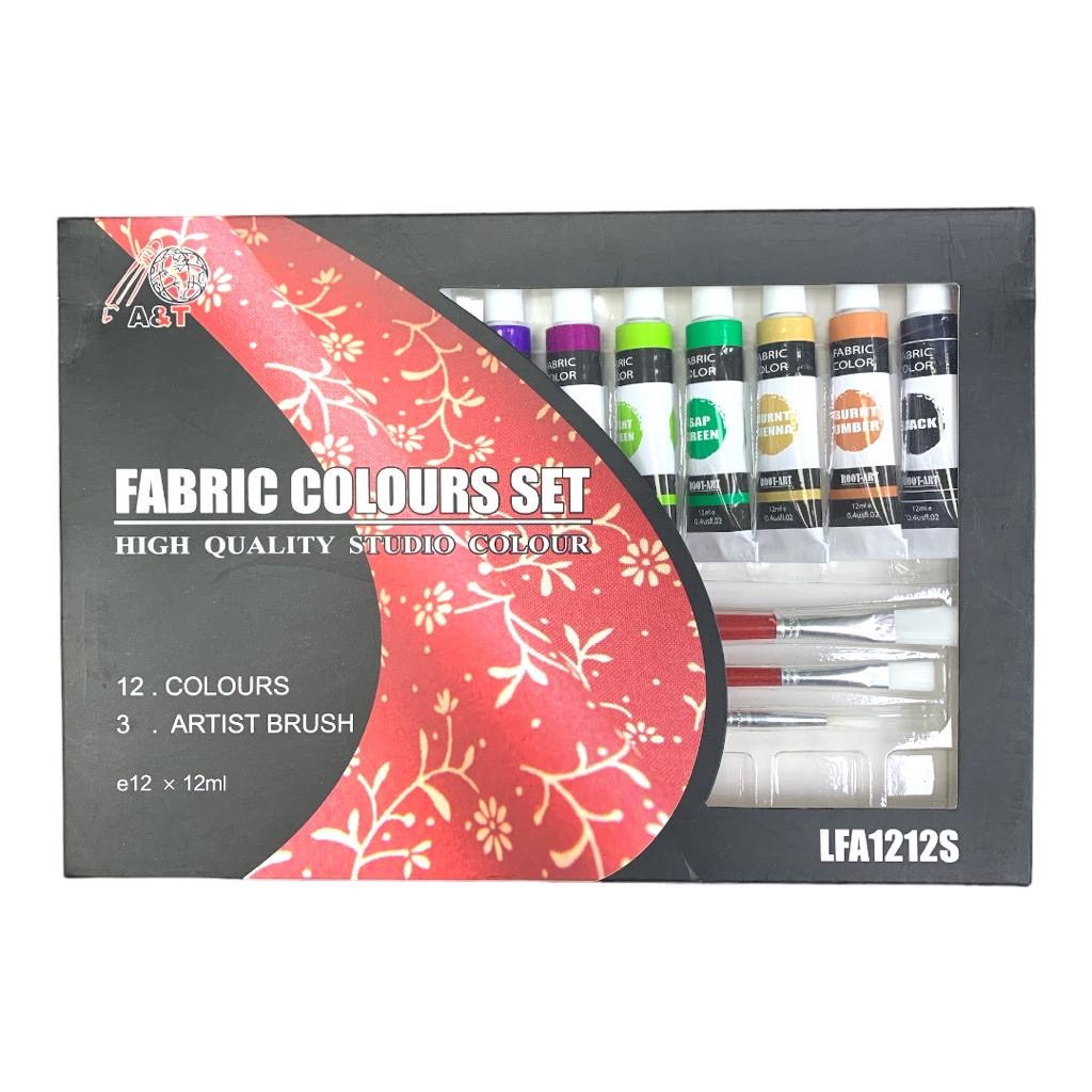 A&T Fabric Color Set 12 Colors with Brushes and Pallete || الوان قماش اي اند تي ١٢ لون مع فرش و باليت