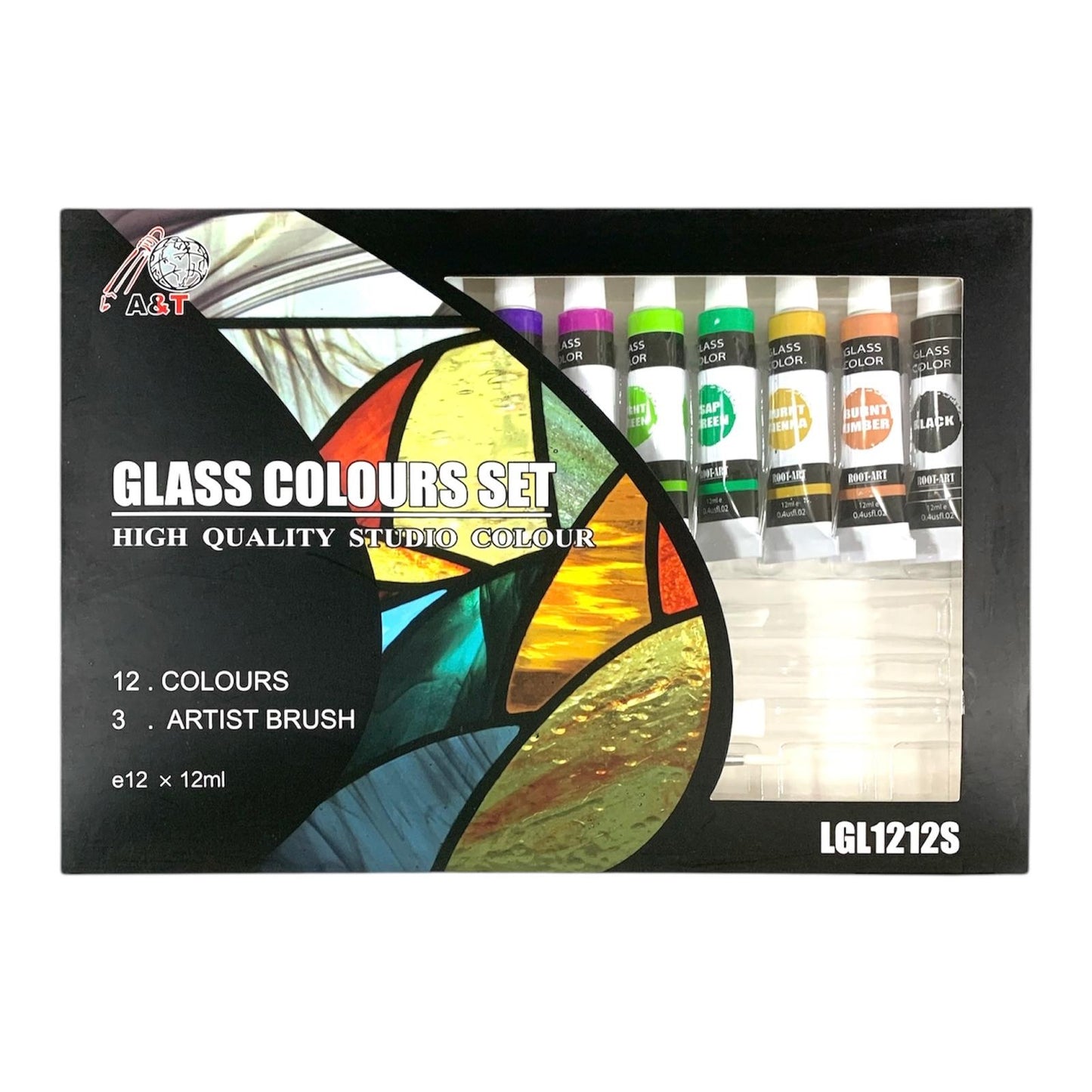 A&T Glass Color Set 12 Colors with Brushes and Pallete || الوان زجاج اي اند تي ١٢ لون مع فرش و باليت