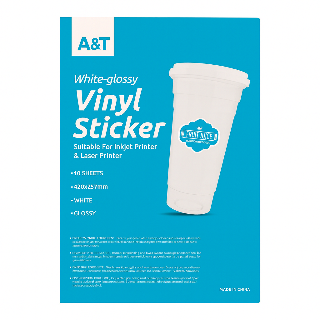 A&T White Glossy Vinyl Sticker 10 Sheets Water Resistant A3 Size || ورق لاصق شفاف ستيكر مقاوم للماء حجم اي ثري 10 ورقه