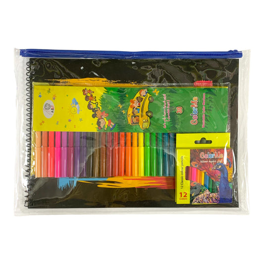 A&T Stationery Set 43 Pcs B4 Black Pad + 30 markers + 12 short colored pencils || مجموعة قرطاسية اي اند تي 43 حبة دفتر ورق اسود + 30 لون شيني + 12 لون خشبي قصير