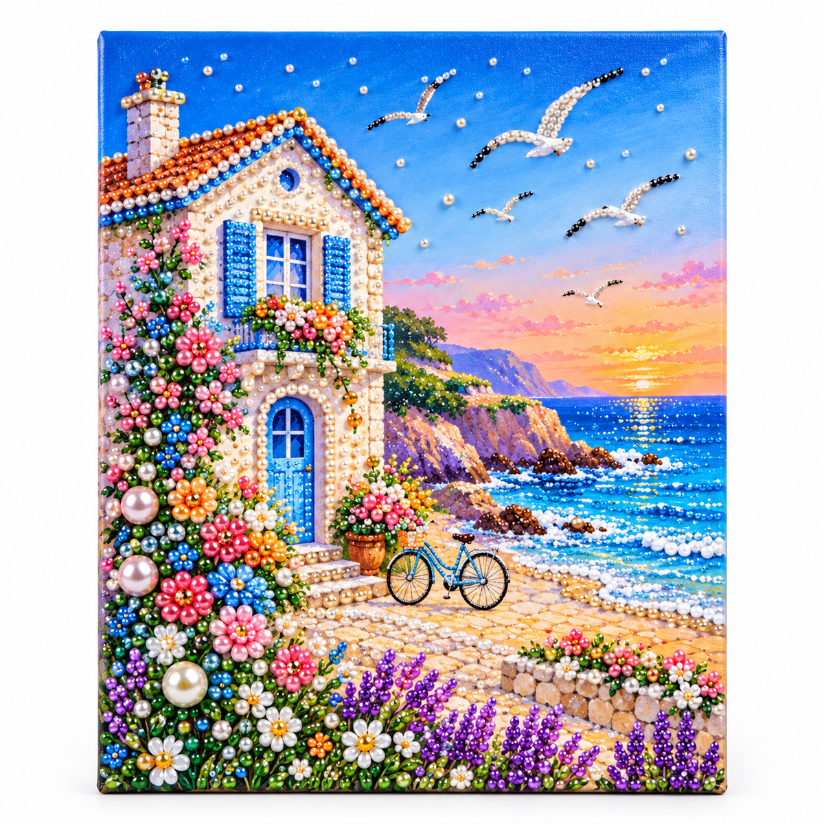 نشاط تزيين كانفاس بالأحجار اللامعة 30 × 40 سم - بيت ساحلي - نموذج التصميم بعد التزيين