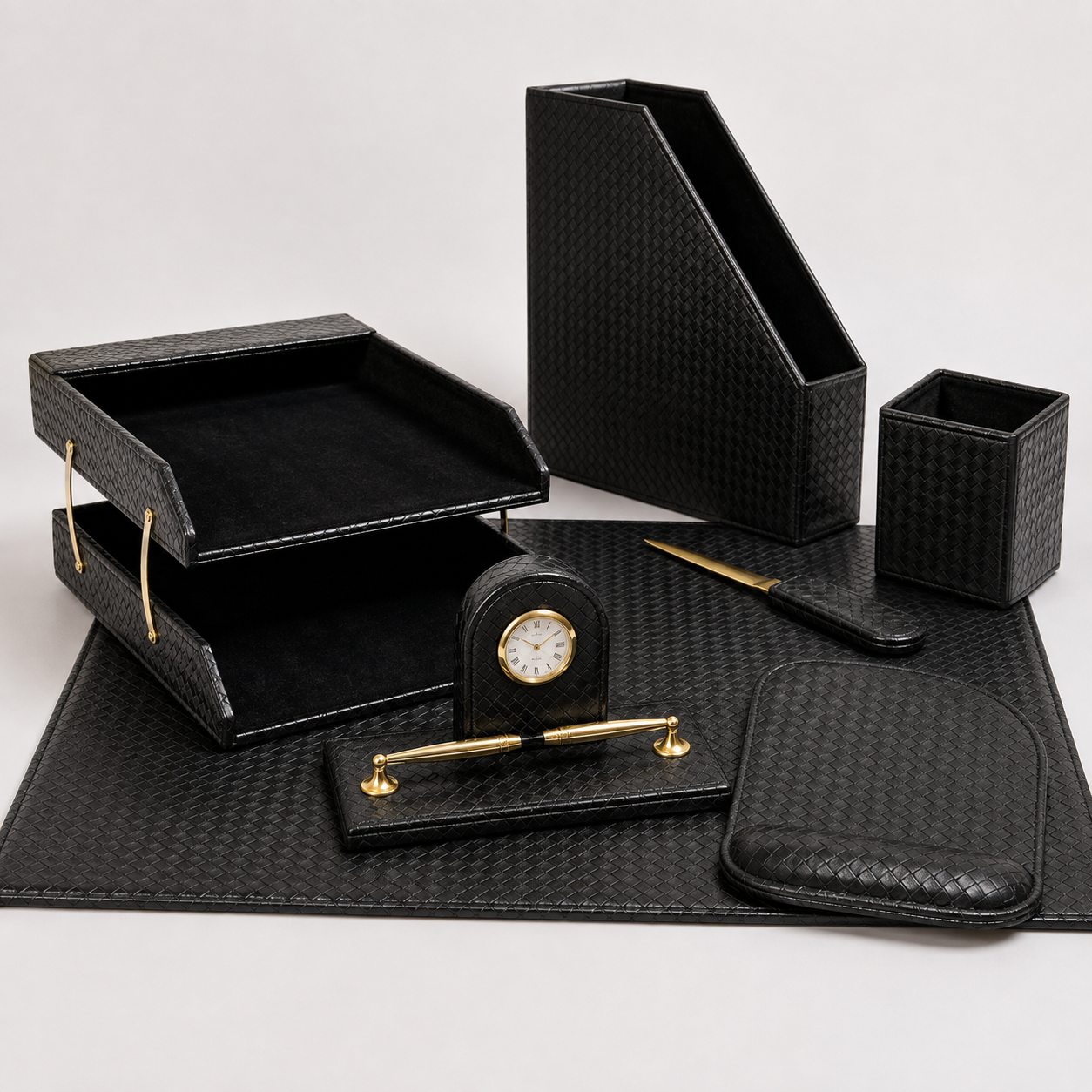 Black Leather Desk Set 7 PCS || طقم مكتب جلد نقشة اسود 7 قطع