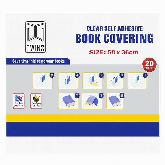 A&T Twins Clear Self Adhesive Book Cover 20 pcs + 6 Name Labels || جلاد شفاف توينز اي اند تي مقطع من الداخل والاطراف لسهولة التجليد 20 حبة مع 6 طوابع